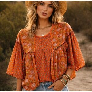 Bohemian Western Orange Floral Cotton Blouse Top Boho Festival Summer Small